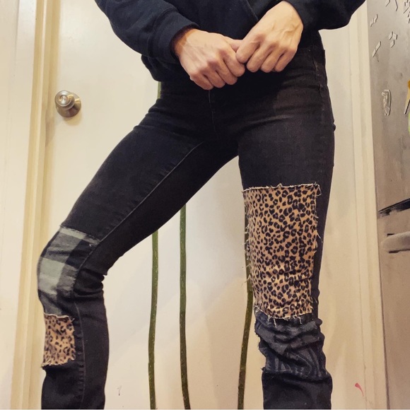 Bespoke patched mid-rise extra stretchy flare washed black denim - Picture 1 of 16